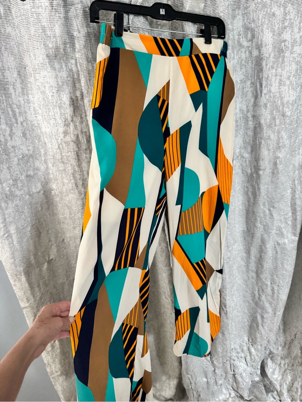 Women’s Abstract Print Wide-Leg Pants in Teal, Mustard & Brown